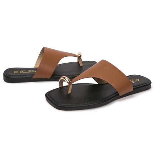 Image of Eozlink Women's Toe Ring Flat Sandals, Slip On Dressy Summer Slides | PU upper with square toe and metal accent for resort and casual outfits