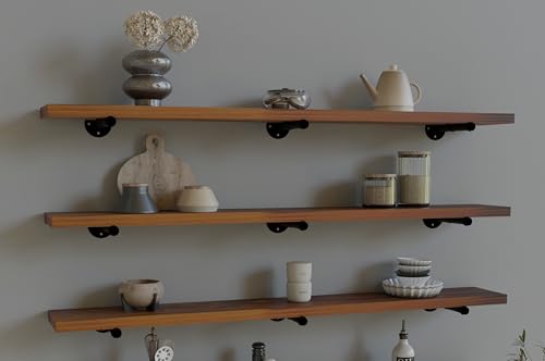 HDDFER Industrial Pipe Wall Wood Shelves,Real Wooden Shelves 48″ in Special Brown Color with 1.2″ Extra Thickness, Modern Floating Shevles Bookshelf Shelving Units for Rustic Farmhouse Decor