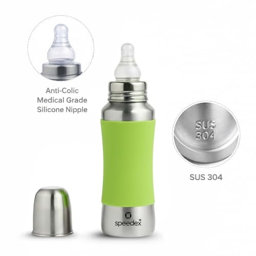 Image of SPEEDEX Stainless Steel Baby Feeding Bottle 240 ml with Green Silicone Grip & Internal ML Marking | BPA & Plastic Free | Anti-Colic Silicone Nipple | 304 Grade Steel Infant Milk Bottle | Leak Resistant (240ml)