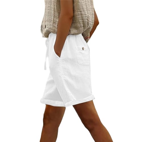 Leinenshorts Damen Boho Knielang mit Tunnelzug - Kurze Hose Leinen Bermuda Short High Waist Sommershorts Lose Strandshorts Große Größen Damen-Shorts Yoga Sportshorts mit Kordelzug