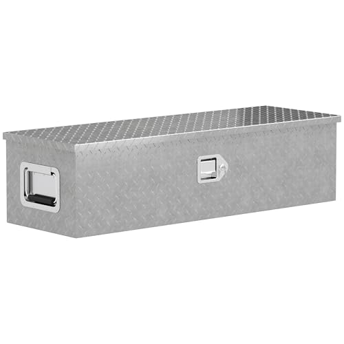 HOMCOM Boîte à outils pour remorque, boîte de rangement en aluminium, avec poignées larges et antidérapantes, serrure intégrée avec clés, pour camionnettes, remorques, 99 x 33 x 25,5 cm, argent