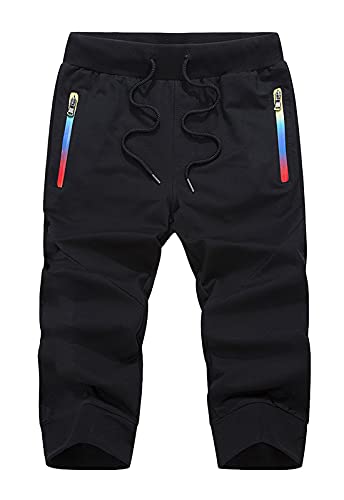 Flygo Herren-Jogginghose, Baumwolle, 3/4-Größe, für Workout, Laufen, Training, Capri, Fitnessstudio, Yoga, Schwarz gestreift, X-Groß Cover