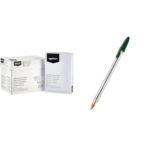 Papel para impresora Amazon Basics 5x500 hojas y 50 bolígrafos BIC verdes de 0,4 mm