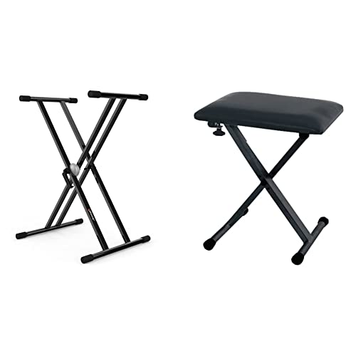 Audibax Onyx 130 Soporte Premium Tijera Doble para Teclado (Yamaha, Casio, Roland, Korg) + GEWA 900530 Banqueta para teclado con 3 niveles de regulación, color negro