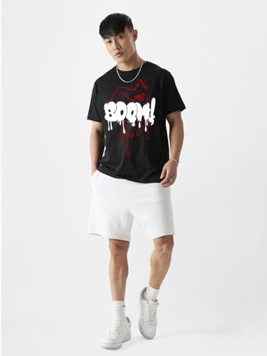 Image of Veirdo 100% Pure Cotton Round Neck Oversized Baggy Fit Drop Shoulder Front Boom Graphic Printed Black T-Shirt for Men & Boys (Available in S to 2XL)