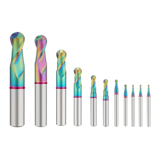 Image of Carbide Ball Nose EndMill HRC60 Double Edge 2 Flute TiAiN Coating Tungsten Steel Color-Ring Milling Cutter for Aluminum Wood TGE Series 11pcs Set