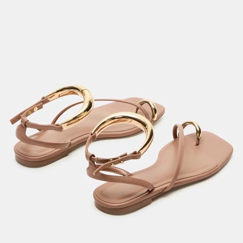 Image of Yishaweiqi Metal Ankle Strap Flat Sandals for Women Toe Ring Strappy Slip On Sandals Open Square Toe Beach Sandals