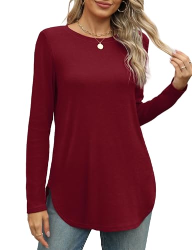 Image of XIEERDUO Womens Long Sleeve Round Neck Shirts Side Split Basic Loose Tunic Tops Casual 2026