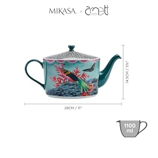 Mikasa x Sarah Arnett Théière, Théière en porcelaine avec couvercle, imprimé tropical pour les réceptions, 11L - Emballage cadeau et lavable au lave-vaisselle