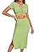 LYANER Women's Twist Front Cut Out Split Hem V Neck Short Sleeve Knit Bodycon Midi Dress Green Small