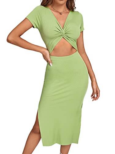 Image of LYANER Women's Twist Front Cut Out Split Hem V Neck Short Sleeve Knit Bodycon Midi Dress