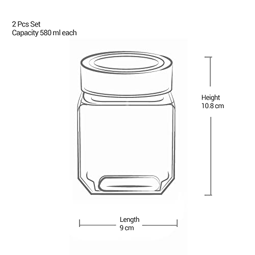 Treo by Milton Cube Storage Containers, Set of 2, Glass Jar with Air Tight Steel Lid, 580 ml each, Transparent Jars for Snacks, Pulses, Masala, Pickles, Cereals, Cookies, Dry Food