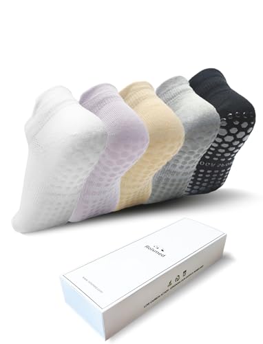 Rolxmed Pilates Umrah Socks Womens Yoga Grip Non slip Anti Slip Breathable Cotton for Barree Floor Exercise Ballet Dancing Hospital Elderly (Multi-packs) (5Pairs Multi_A03) M