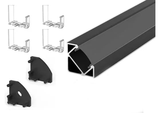 2 Metre Surface Corner Black LED Profile P3-1 C/W Clips, End Caps & Black Cover | Best for Bedroom, Stairs, Hallway, Kitchen, Cabinet (17mm x 17mm)