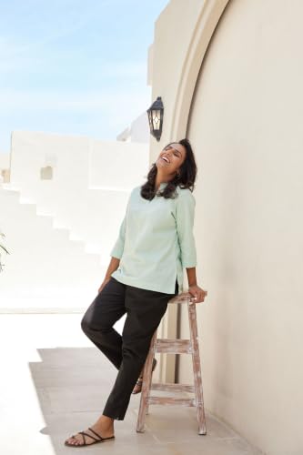 Image of SAADAA Women Short Kurti Airy Linen Regular Fit Kurta with 3 /4th Sleeves, Mandarin Collar, Side Slit Perfect for Casual, Formal, and Ethnic Wear