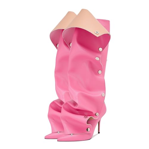 Arqa Womens Stiletto Heel Knee High Boots Pointed Toe Applique Denim Boot with Zipper Silver Buttons Fall Slouchy Boot 5 Pink