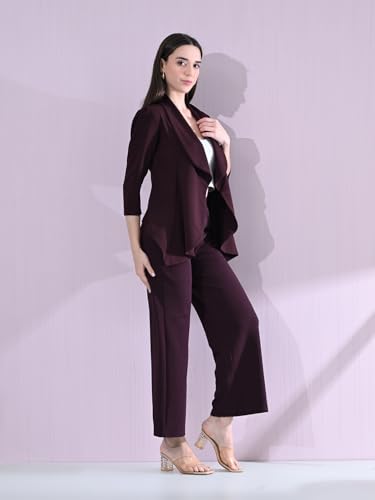 Image of Women's Solid Relaxed Fit 3 /4 Sleeve Cotton Blend Co-ord Blazer and Trouser Set