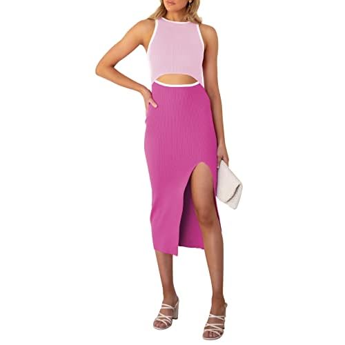 Pink Queen Women's Cutout Crew Neck Sleeveless Tank Slit Ribbed Bodycon Midi Dresses Rose and Purple Small