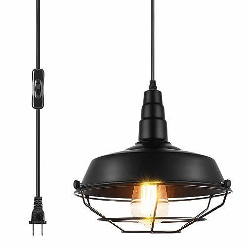 EE Eleven Master Chandeliers Pendant Light with Plug in 15Ft Braided Cord and Hanging Lamp Vintage Swag Lighting for Kitchen Island(BLACK-10.23")