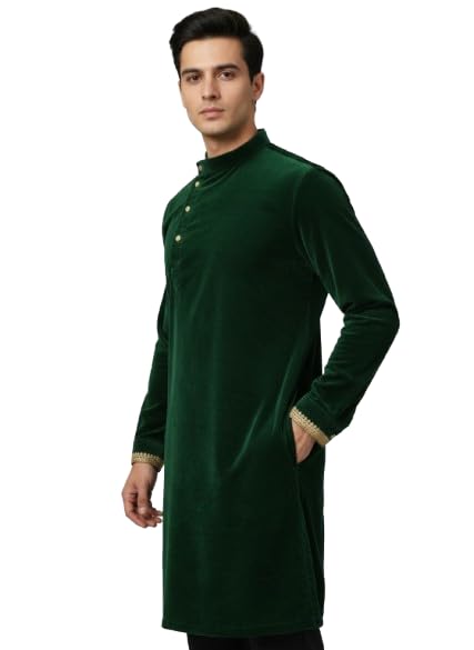 Generic Men's Green Velvet Kurta, Long Sleeve - Image 6