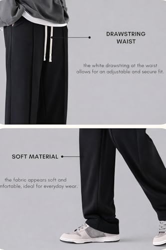 Image of Men Wide Leg Loose Fit Trousers with Elastic Waist & Drawstring - Korean Style Relaxed Straight Pants for Men, Casual Lounge Travel Wear, Comfortable Soft Fabric