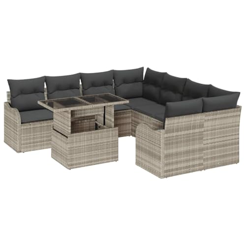vidaXL Conjunto de sofá de jardín 9 pcs Gris Claro Rattan de Poliéster, Muebles de jardín y terraza, sofá Moderno, Conjunto para Patio, Asiento para reuniones al Aire Libre