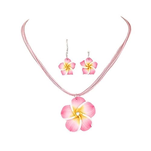 Hawaiian Plumeria Rubra Earrings Necklace Set Bohemia Tropical Flower Dangle Earrings Luau Beach Party Accessories for Women Jewelry-Pink