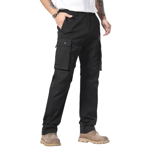 Plaid&Plain Men's Cargo Pants Loose Straight Fit with Multi-Pocket and Oversized Belt Loops
