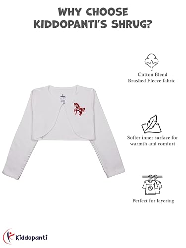 Image of KiddoPanti Girls Fleece Crop Length Shrug | Cotton Poly Fleece Fabric |Sequin Patch on Chest | Front Open Pearl Button Closure | Crop Length, Full Sleeve | Lightweigth & Breathable Girls Shrug