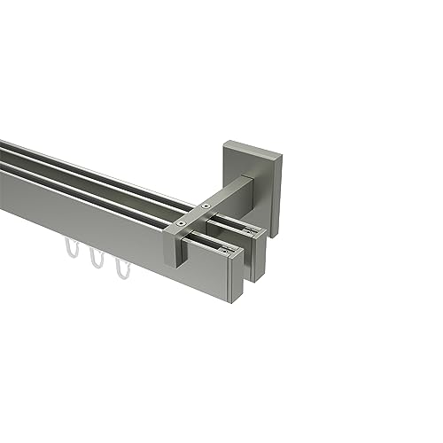 INTERDECO Innenlauf-Gardinenstange eckig 14 x 35 mm 2-läufig, kantige Innenlaufstange aus Metall, Edelstahl-Optik, zur Wandmontage, Typ 10212821, 180 cm