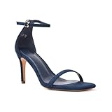 ESSEX GLAM Women's Ankle Strap Sandals Ladies Square Toe Navy Faux Suede Stiletto Mid High Heel Evening Party Shoes Size 7