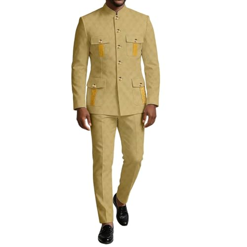 Image of Ourmoon African Men Dashiki Shirts and Pants 2 Piece Set Traditional Clothing Ethnic Tribal Suit Slim Fit Formal Outfits(Yellow,X-Large)