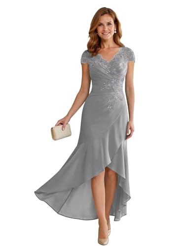 Mother of The Bride Dresses Lace Appliques Silver Tea Length