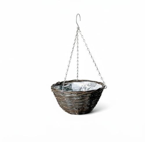 LBS Horticulture Willow & Black Rattan Hanging Basket Round Planter with Chain Liner Included Rustic Outdoor Garden Flower Basket 30cm