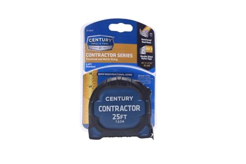 Image of Century Drill & Tool 72841 Contractor Fractional /Metric Tape Measure, 25 Foot | Dual-sided fractional & metric blade, reinforced magnetic hook, nylon-coated tape, impact-resistant case