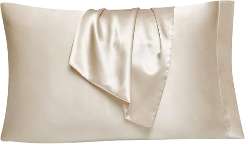 Image of Satin Pillow Covers Set of 2 - Soft & Smooth Pillowcases for Hair & Skin Care | Envelope Closure | Includes 3 Free Random Color Scrunchies | Frizz-Free Sleep Essentials (Beige)
