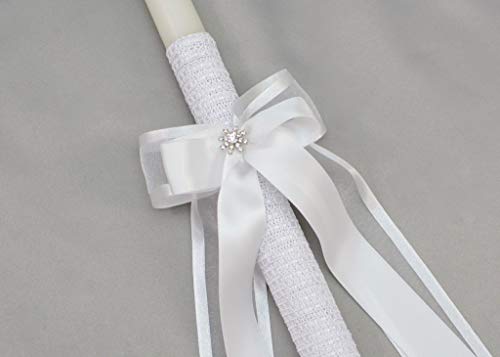 Greek Orthodox Wedding Candles Lambathes with Satin Bows and Rhinestone Jewels | White | Dahlia