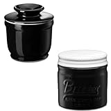 DOWAN Porcelain Butter Keeper Crock, French Butter Dish with Lid, Embossed Butter Container for Soft Butter, Big Capacity & Humanized Water Line (Black)