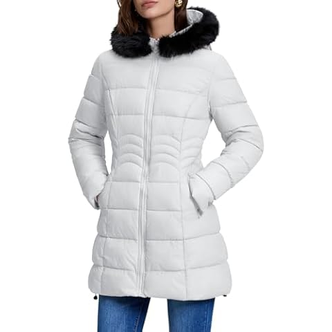 POTILI Women's Long Winter Puffer Coat Warm Parka Snow Down Jacket with Removable Trim Cover