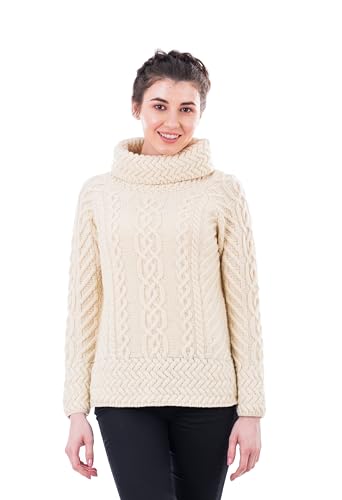 Image of SAOL Aran Irish Sweater for Women - Made of 100% Merino Wool - Ireland Fisherman Cable Knit Ladies Pullover
