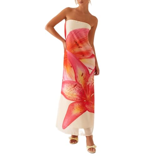 Image of Zwirelz Women Strapless Maxi Dress Boho Floral Print Flowy Long Tube Dress Off Shoulder Loose Beach Sundress