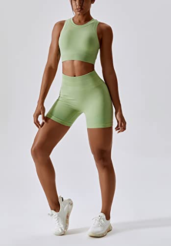 Image of Workout Sets for Women 2 Piece Seamless Ribbed Tank Top Sport Bra High Waist Biker Shorts GYM Yoga Exercise Outfits