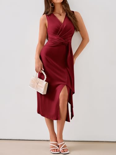 Image of YIOYOLA Womens Sleeveless Ruched V Neck Sheath Casual Party Midi Bodycon Dresses with Slit