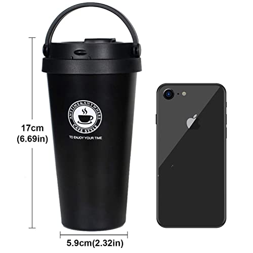 Image of STARFLYER 500ml Tumbler with Handle, Lid, Stainless Steel Vacuum Insulated Water Bottle Adventure Travel Mug Quencher for Iced Coffee, Hot and Cold Tea, Beverage- (Black Handle)