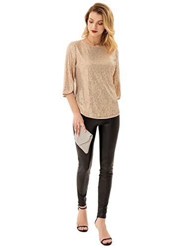 Grace Karin Women's Sparkle Sequin Party Blouse Tops Shimmer Glitter 3/4 Slit Sleeve Dressy Tops Gold #TOP6