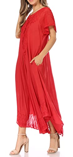 Image of Sakkas Egan Long Embroidered Caftan Dress /Cover Up with Embroidered Cap Sleeves