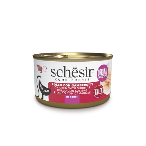 Schesir, Filetes de Pollo con camarones en Caldo, Comida húmeda complementaria para Gatos, Receta Original, 100% Natural, 12 latas de 70 g