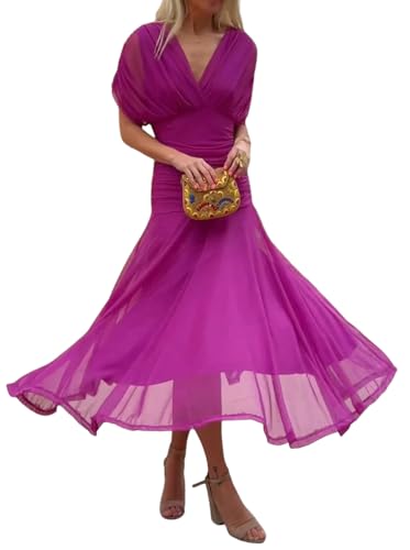 Minetom Robe de Soirée Femme Elegante Col en V Manche Courte Robes de Cocktail Cérémonie Mariage Longue A Violet Foncé XL