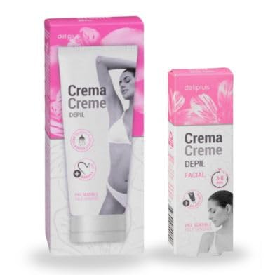 [Kit Depilatorio piel sensible Cuerpo y Cara] Cremas depilatorias facial y corporal Deliplus + espátula + folleto con precauciones + 1 gel post-depil + 1 manopla
