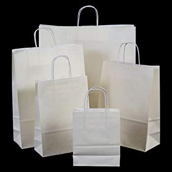 MARENT Pack of 50 White MIXED Kraft Paper Gift Bags with Twisted Handles Ideal for Gifts, Party, Shopping, Packaging, Wedding